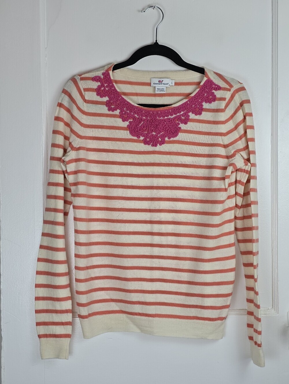 Vinyard Vines Pink and Ivory Striped Wool Preppy Beach Sweater L